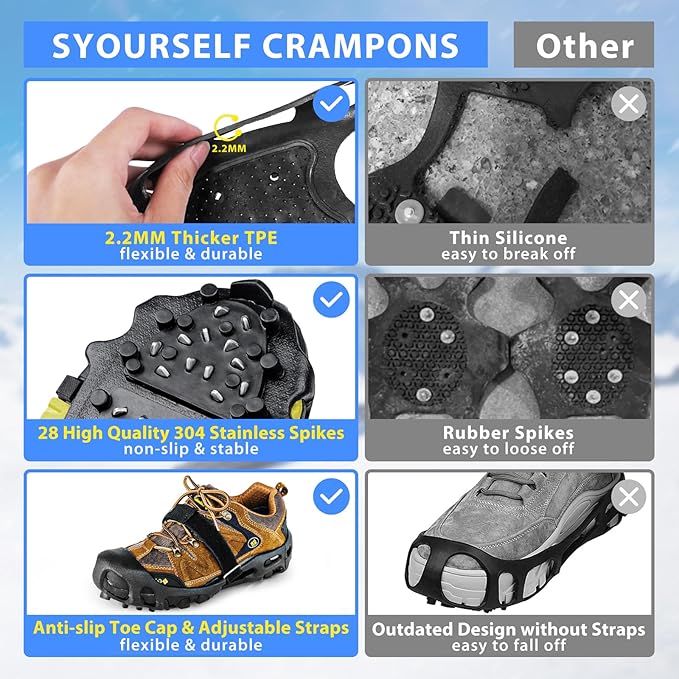SYOURSELF Crampons Ice Cleats for Shoes and Boots Women Men Kids, 28 Shoe Spikes Non Slip Snow Traction Cleats for Snow and Ice Grippers for Shoes and Boots Hiking Walking Fishing Climbing