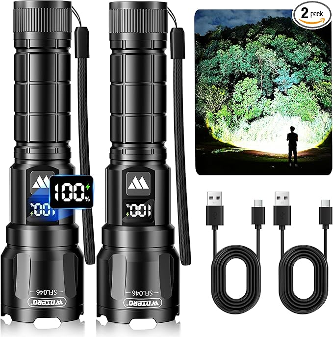 Wdtpro LED Rechargeable Flashlights High Lumens 2Pack, 6000LM Super Bright Flashlight, Zoomable Powerful Camping Flashlights with LCD Digital Display, 3 Modes Waterproof Flash Light for Home Emergency