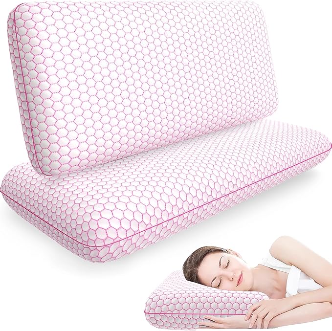 Memory Foam Pillows for Side, Back and Stomach Sleepers, Set of 2, Bed Pillow with Washable Cover and Breathable Mesh, Bed Pillow for Sleeping (Pink，King Size)