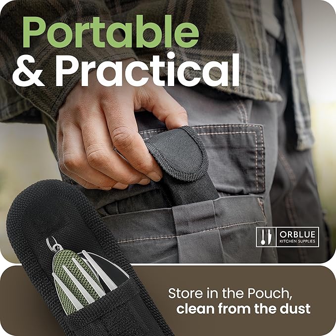 Orblue 4-in-1 Camping Utensils, 1-Pack, Portable Stainless Steel Spoon, Fork, Knife & Bottle Opener Combo Set - Travel, Backpacking Cutlery Multitool Olive Green