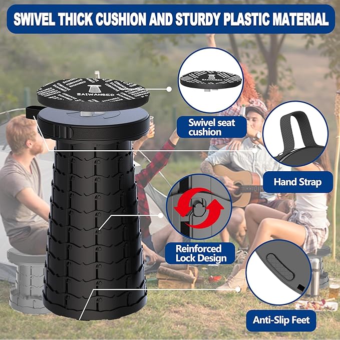 2025 Upgraded 45cm Collapsible Stool with Cushion, Maximum Loading 440 Pounds, Portable and Lightweight Adjustable Seat, Camping Retractable Stool for Outdoor Camping, Fishing, Hiking, BBQ