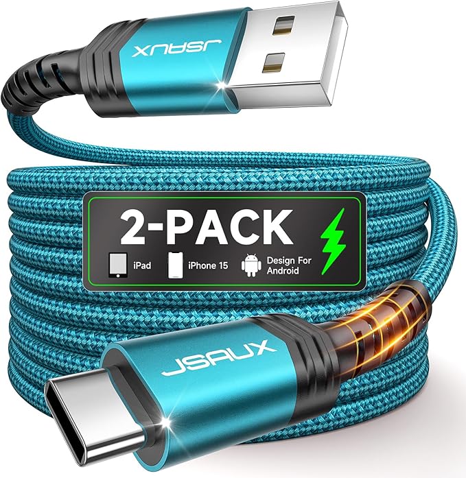 JSAUX USB C Cable [2-Pack 6.6ft], USB A to USB Cord Fast Charging for iPhone Air, iPhone 17, iPhone 17 Pro, iPhone 17 Pro Max, iPhone 16/iPhone 15 Series, Samsung S20 S10, Note 20 10,Car Play-Green