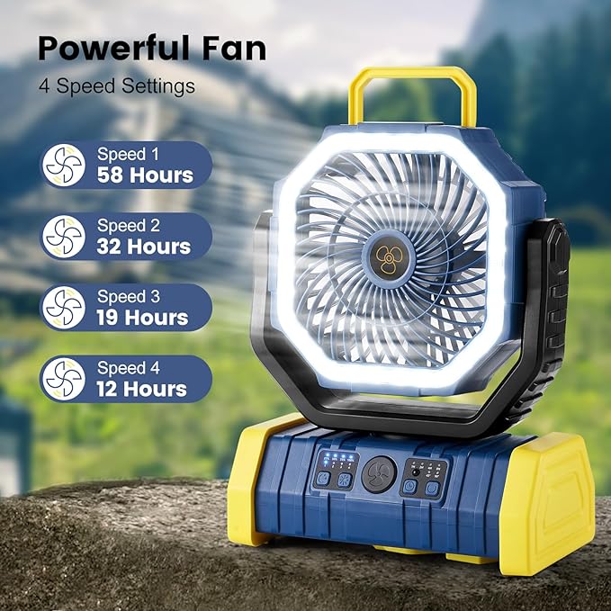 Odoland 30000mAh Camping Fan with LED Lantern, Rechargeable Battery Operated Oscillating with Remote Hook Stroage Bag, Portable Tent Fan with Timer, 4 Speeds for Outdoor RV Jobsite Power Outage, Blue