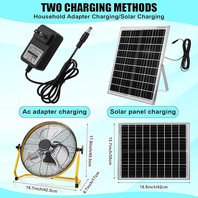 14 Inch Solar Panel Powered Fan, 2 in 1 Solar Panel or AC Charger Powered Fan 12W 9V Portable for Chicken Coop Greenhouse Household Exhaust Camping Travel Outdoor(Yellow)