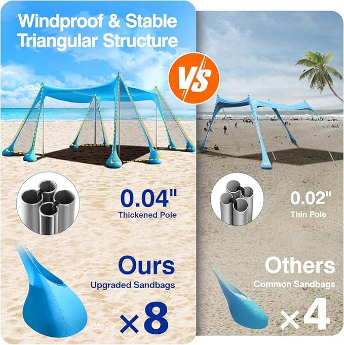 Rhino Valley Beach Tent Shade Canopy UPF50+ Protection, 8 Sandbags, 4 Stability Poles, Outdoor Sun Shelter Umbrella for Sand, Camping, Fishing Essentials