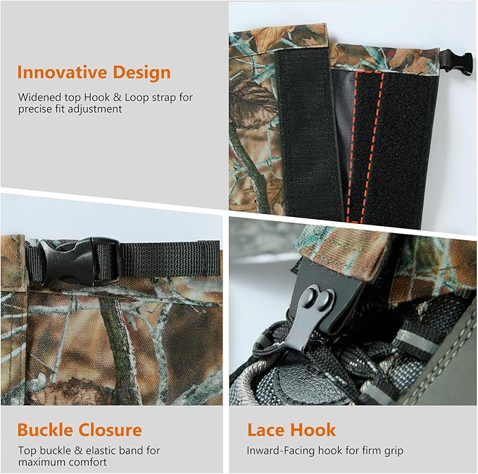 BASSDASH Camo Waterproof Hunting Leg Gaiters with Replaceable Insteps Lightweight Breathable Boot Gaiter for Hiking Trekking Fishing