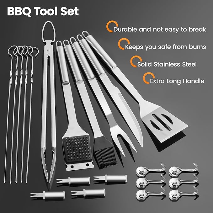 22PCS BBQ Grill Set, BBQ Grill Tools Set for Outdoor Grill with Hooks & Carry Handbag, BBQ Tools Grilling Accessories Kit for Camping/Backyard, Grilling Gifts for Men Dad