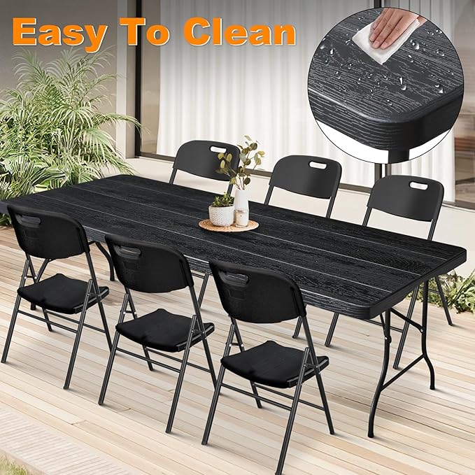 6ft Folding Table, Portable Heavy Duty Plastic Fold-in-Half Utility Table for Indoor/Outdoor Use, Dining, Camping, Picnic, Party, Black Woodgrain