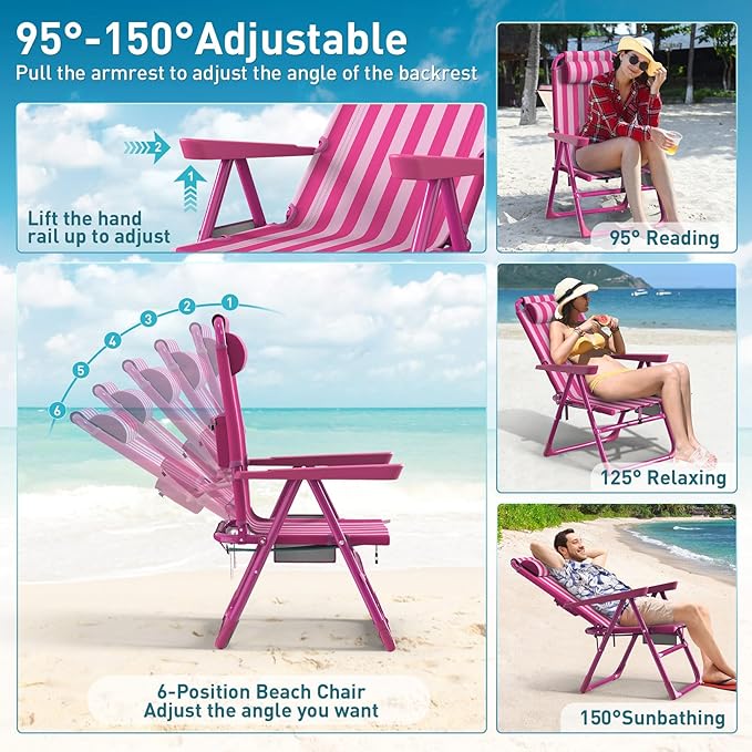 Suteck Backpack Beach Chair, 6-Positions Beach Chairs for Adults with Cooler Bag, Reclining Beach Chair with Cup Holder Folding Camping Chair for Sand Outdoor