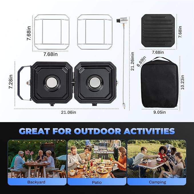 Adjustable 2-Burner Portable Stove with 16000 BTU, with Camping Grill and Carrying Bag, Portable Propane Camp Stove with 2 Burners & Piezo Ignition for Camping, Backyard BBQ,Tailgating (Blue)