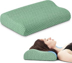 Travel Pillow Memory Foam Pillows, Ergonomic Wave Cervical Neck Pillow for Neck Pain Relief, Compressible Medium Firm Side Sleeper Pillow, Ideal for Camping, Office, Home & Bed (Green, L)