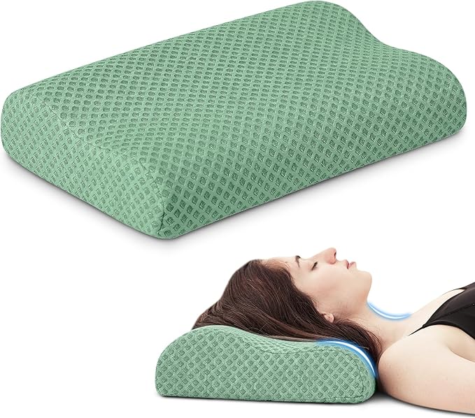 Travel Pillow Memory Foam Pillows, Ergonomic Wave Cervical Neck Pillow for Neck Pain Relief, Compressible Medium Firm Side Sleeper Pillow, Ideal for Camping, Office, Home & Bed (Green, M)