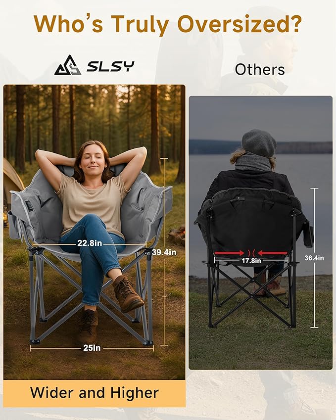 Slsy Heated Camping Chair Oversized, Outdoor Portable Heated Folding Chair, Heavy Duty 500 lbs Support, Padded Seat for Outdoor Sports, Camping, Patio, and Picnics