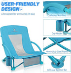 Beach Chairs for Adults 2 Pack,Heavy Duty Folding Low Back Camping Chairs w/Cooler Bag,Mesh Back,Cup Holder & Storage Bag,Compact Sling Chair for Lawn,Picnic,Travel,Blue