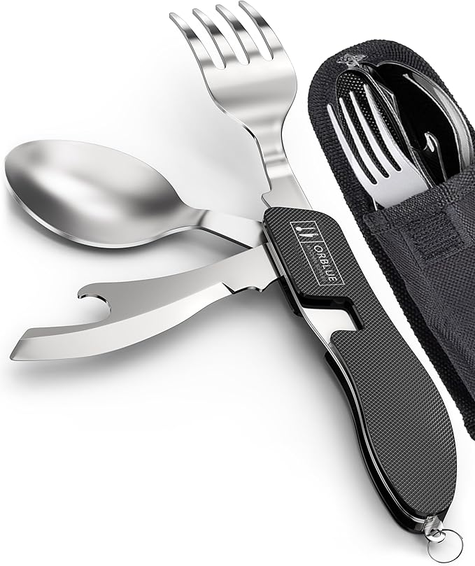 Orblue 4-in-1 Camping Eating Utensils, 2-Pack - Portable Spoon, Fork, Knife & Bottle Opener Combo Set - Stainless Steel Flatware with Detachable Fork - Travel, Backpacking Cutlery Multitool, Black