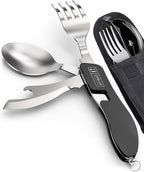 Orblue 4-in-1 Camping Eating Utensils, 2-Pack - Portable Spoon, Fork, Knife & Bottle Opener Combo Set - Stainless Steel Flatware with Detachable Fork - Travel, Backpacking Cutlery Multitool, Black