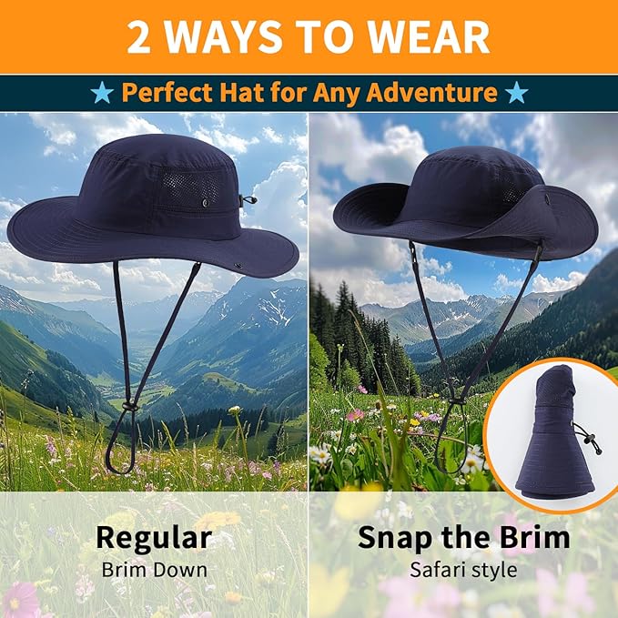 Home Prefer UPF50+ Mens Sun Hat Wide Brim Womens UV Protection Beach Bucket Hat for Fishing Hiking Snap Up Cowboy Hat