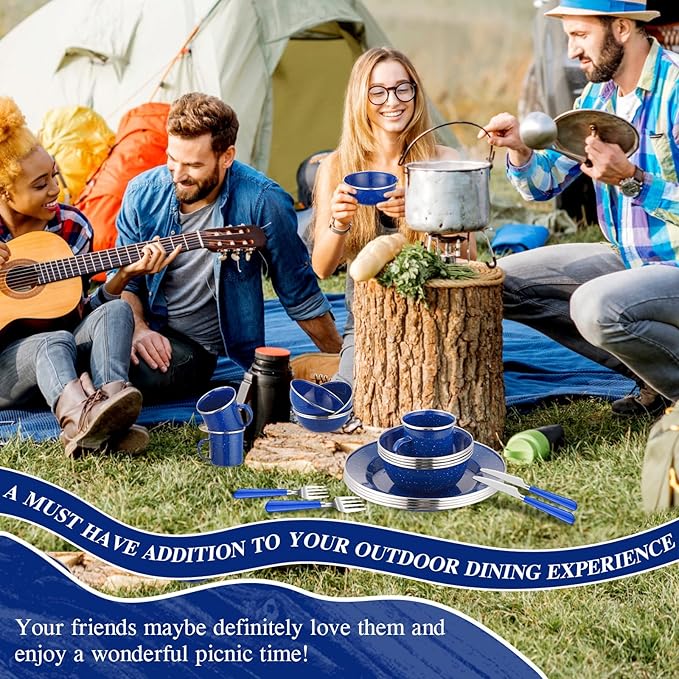 Nuogo 24 Pcs Enamel Camping Tableware Includes 12 oz Coffee Mugs 10.5 Inch Camping Plates 6 Inch Bowls and Utensils Set Includes Knife Fork Spoon for Outdoor RV (Blue)