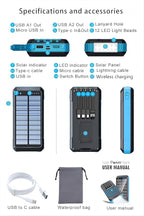 DJKK Solar Power Bank Portable Wireless Charger 52800mAh Built in 4 Cables and LED Camping Lights 22.5W Fast Charging Power Bank 7 Outputs 4 Inputs Charger Compatible with All Mobile Devices (Blue)