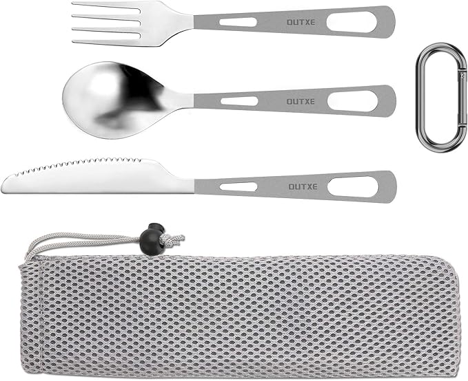 OUTXE Titanium Flatware Polished Knife Fork Spoon Set Lightweight Ti Camping Utility Cutlery Set with Carrying Bag for Traveling Picnic Hiking