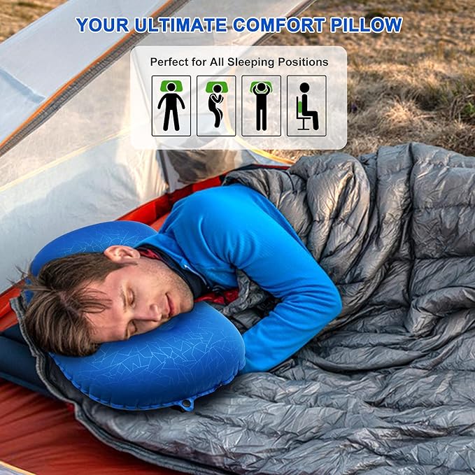 Inflatable Camping Pillow, Travel Blow Up Air Pillow, Neck Lumbar Support Ultralight Compact Pillow for Outdoor Hiking Backpacking Car Beach Airplane Sleeping Essentials, Navy Blue
