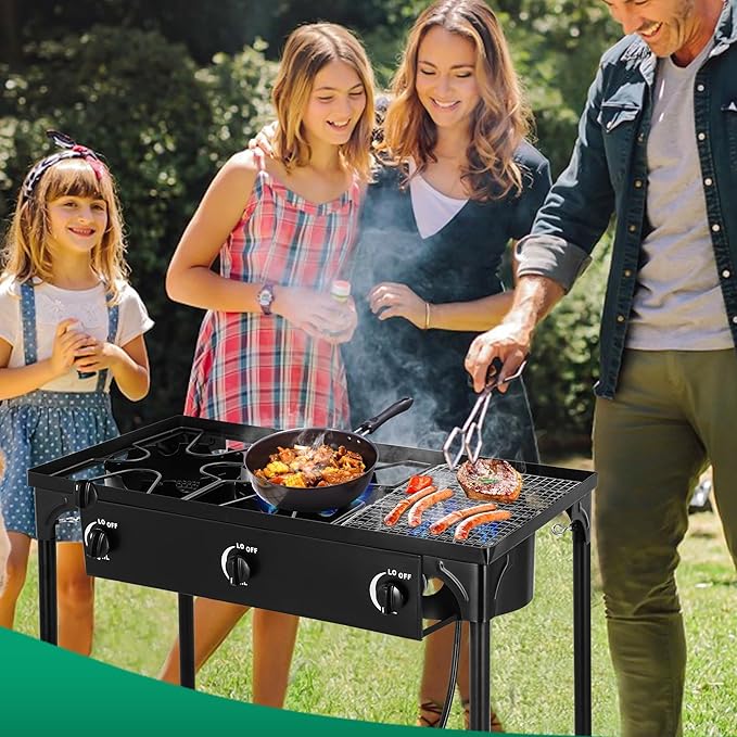 Outdoor Camping Stove, 225000 BTU, Propane Gas Cooker with Detachable Legs, High Pressure 3 Burner, 30 PSI Regulator