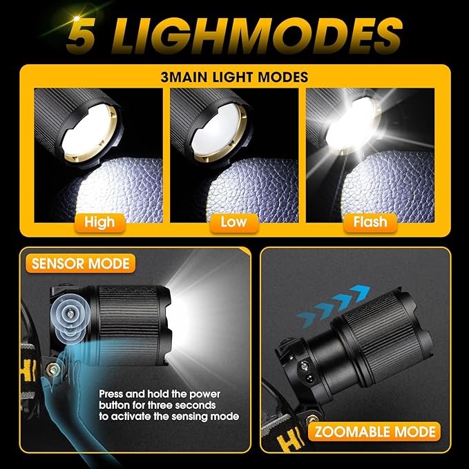 1,000,000 Lumens Rechargeable Headlamp, 5 Modes & IP68 Waterproof Head Lamp, Headlamps for Adults Rechargeable, 90°Adjustable Head Lights for Outdoor Camping, Hunting, Running
