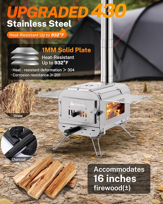 Gonex Hot Tent Stove, Portable Wood Burning Camping Stove with Ash Drawer & Large Firebox for Tent, Outdoor, Heating, Cooking, Ice Fishing
