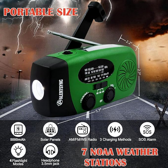 5000mAh Emergency Crank Weather Radio, iRonsnow NOAA/FM/AM Solar Radios, Portable Survival Radio with SOS, Earphone Jack, 1W 4 Modes LED Flashlight, Cell Phone Charger for Camping Hiking