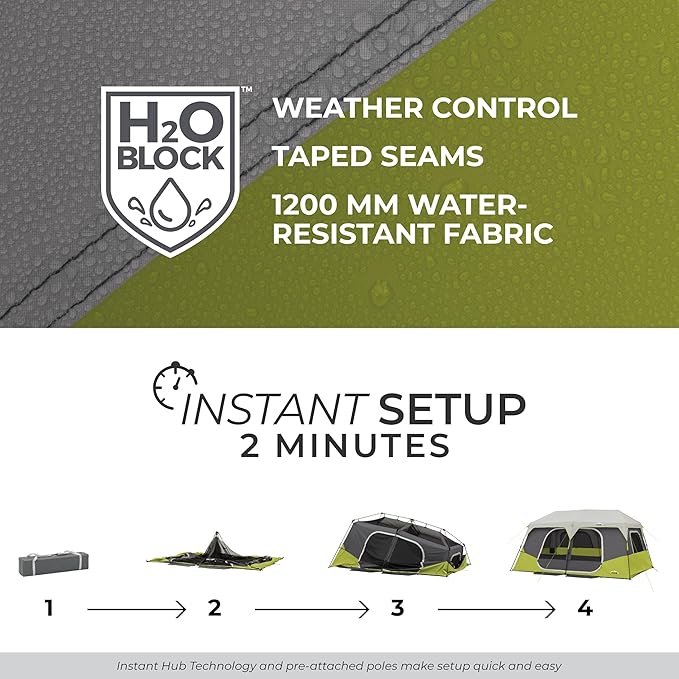 CORE Instant Cabin Tents | 6 Person / 9 Person / 10 Person / 12 Person Family Cabin Multi Room Pop Up Tents Car Camping | Included Storage Pockets for Camping Accessories