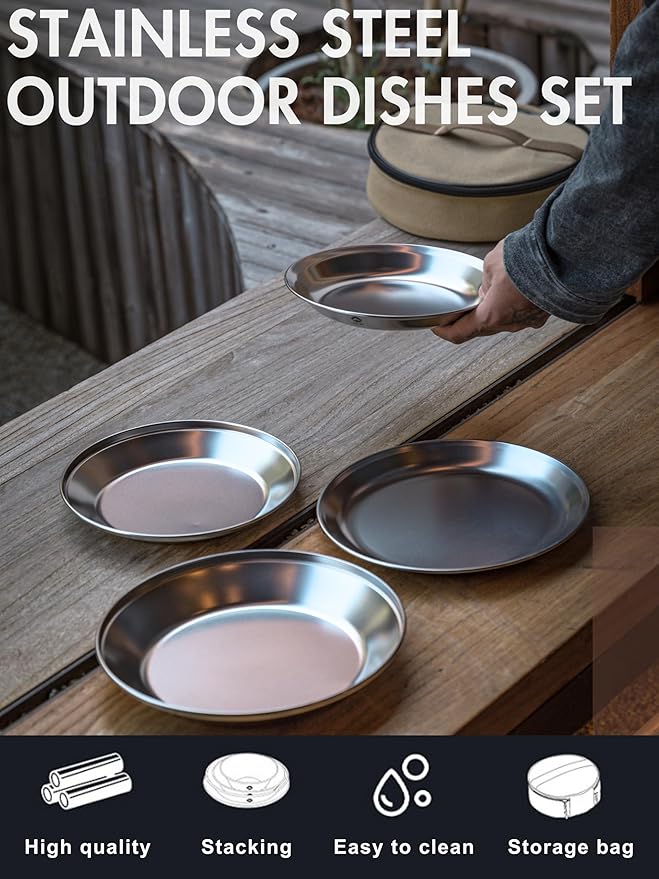 CAMPINGMOON Camping Plates 4pcs set Salad Side Dinner Plate Dishes Outdoor Tableware Stainless Steel with Canvas Case S397-1S