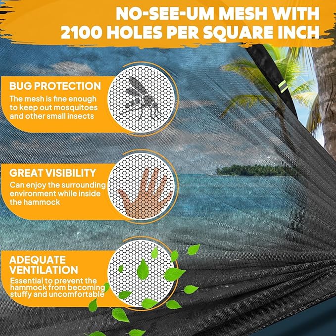 Chihee Ultra-Light Travel Camping Hammock Pop-up Net Hammock 660lbs Load Capacity,Breathable,Quick-Drying Parachute Nylon 2 Premium Carabiners,2 Tree Slings Included for Outdoor Backpacking Hiking