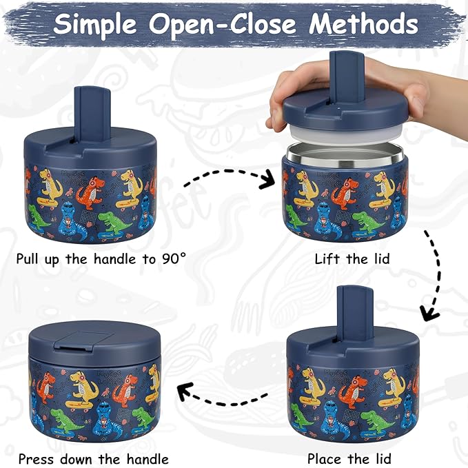 12oz Insulated Vacuum Food Jar with Buckle Lid Wide Mouth Soup Thermo for Hot Food Kids Leakproof Stainless Steel Lunch Container (Blue-Dinosaur)
