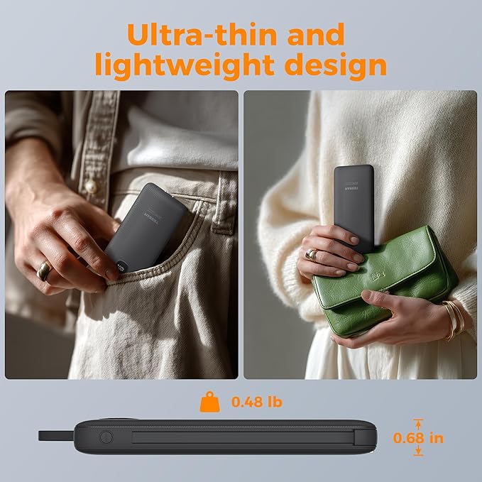 TESSAN Portable Charger with Built in Cables, 10000mAh Power Bank Fast Charging with Foldable AC Plug, 20W Compact Battery Pack Travel Essentials for iPhone 16/15 Series, Samsung, Tablets, Black