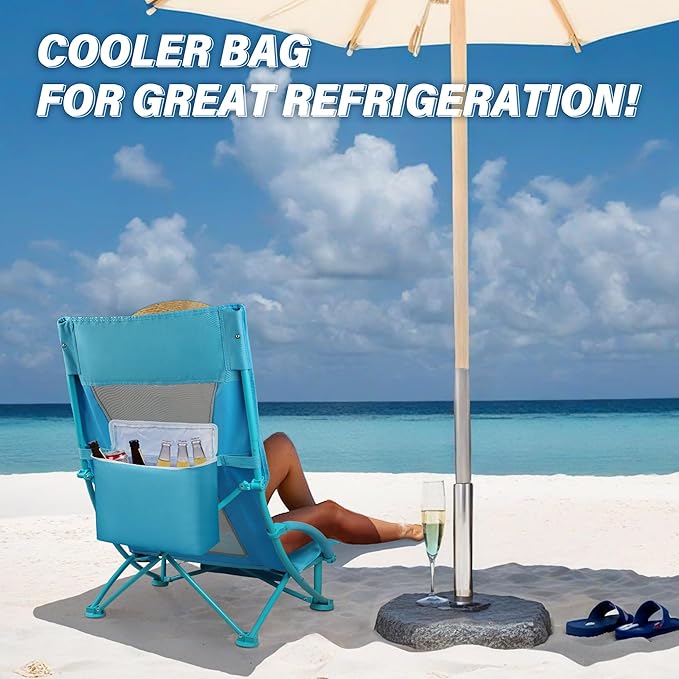Beach Chairs for Adults 2 Pack,Heavy Duty Folding High Back Camping Chairs w/Cooler Bag,Mesh Back,Cup Holder & Storage Bag,Compact Sling Chair for Lawn,Picnic,Travel,Blue