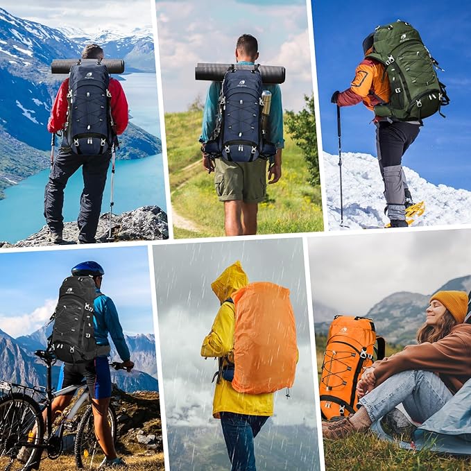 60L Waterproof Backpacking Hiking Backpack with Rain Cover for Men, Large Camping Backpack, Black