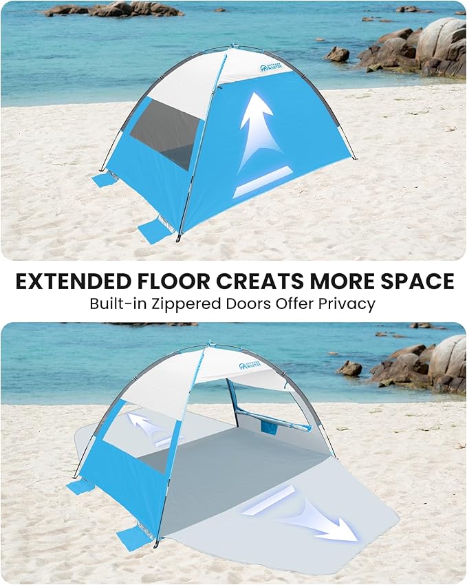 OutdoorMaster Beach Tent Sun Shelter with 2 Ventilated Doors, UPF50+ Easy Setup Beach Tent Canopy for 3 Person, Lightweight & Portable Family Beach Umbrellas for Sand with Carrying Bag -Ocracoke Coast