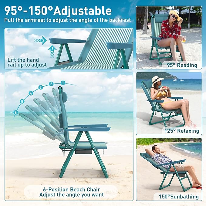 Suteck Backpack Beach Chair for Adults - 6-Position Folding Reclining Chair with Cooler Bag & Cup Holder, Lightweight Portable Beach Chair for Camping, Outdoor, Sand, Travel Use