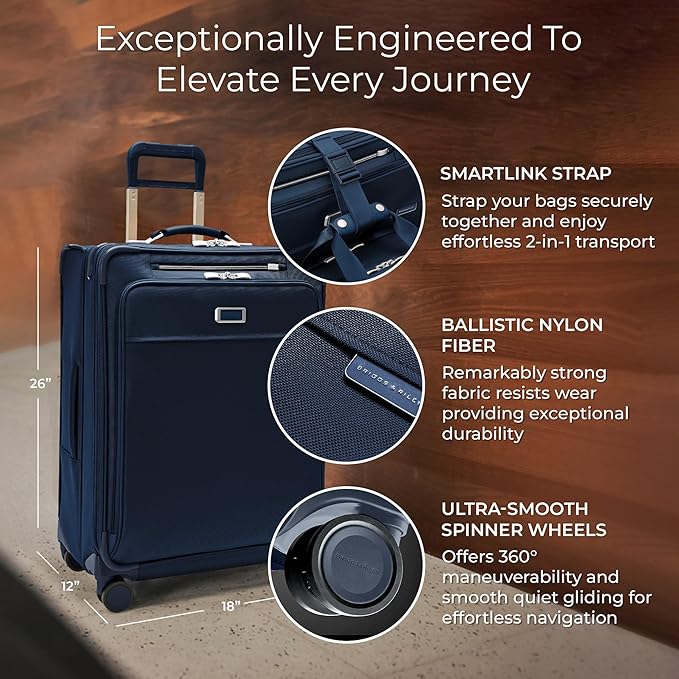 Briggs & Riley 26" Medium Expandable Spinner - Checked Luggage for Travel, Suitcases with Wheels, Softside Rolling Bag for Men & Women, Self-Repairing Zipper - Baseline Collection, Navy