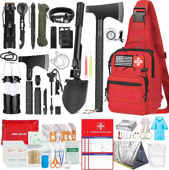 Survival Kit, 262Pcs Survival Gear and Supplies with First Aid Kit Pouch and Crossbody Bag, Emergency Kit with Tent, Camping Axe Hammer, Survival Shovel w/Pick, Bug Out Bag Gifts for Men Women