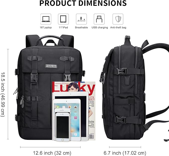 WITZMAN Travel Laptop Backpack for Men Fit 16 inch Computer Carry-on Airline Approved with USB Charging Port(B716 Black)