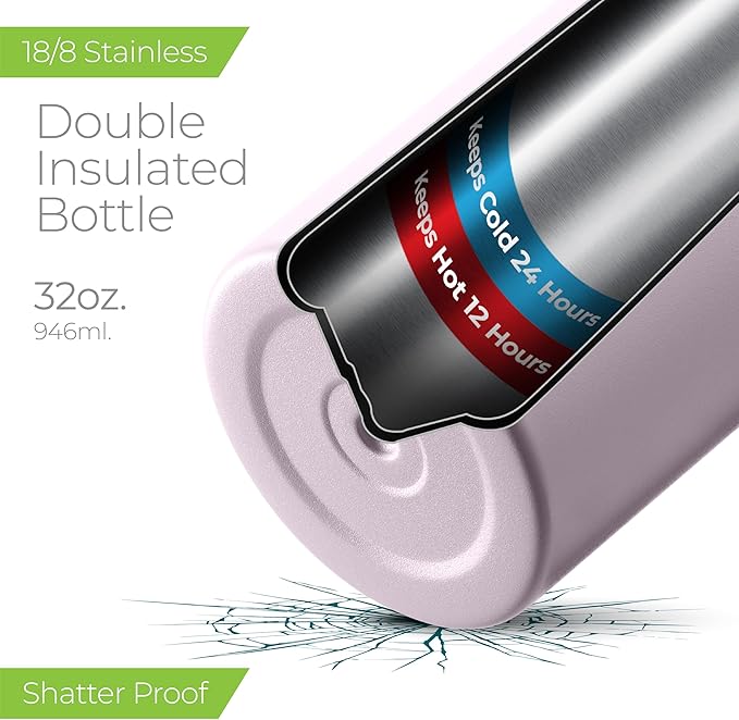 SipX™ Triple-Insulated Stainless Steel Water Bottle 32oz. With 3 Lids, BPA-Free Reusable Insulated Water Bottle Keeps Cold 24 Hours, (Pink)