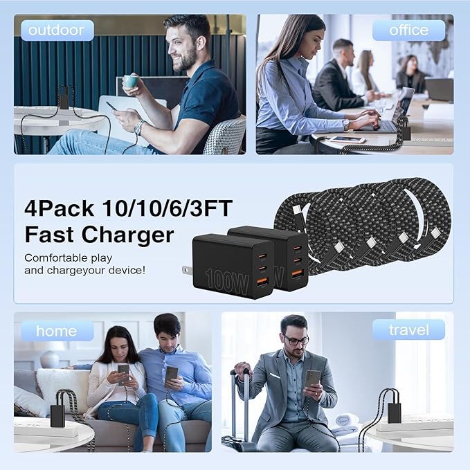 65W Super Fast Charger Type C for Samsung,3 Port 100W Quick Charging 3.0 USB C Block & 3/6/10/10FT Braided Type C Cord for Samsung Galaxy S26 Ultra/S26/S25 Ultra/iPhone 17 Pro/MacBook Pro/Air-Blue