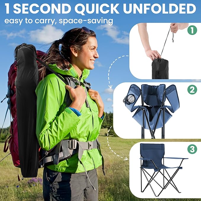 4 Pack Folding Camping Chairs for Adults, Foldable Portable Beach Chairs with Carry Bag & Cup Holder, Compact Design for Camping, Beach, Picnics, and Fishing Supports 300LBS（Navy）