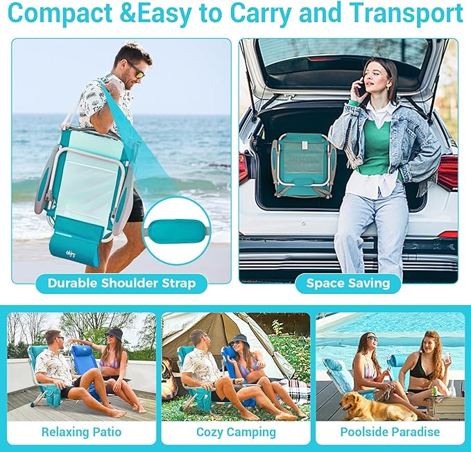 #WEJOY Folding Beach Chair for Adults, 4-Position Aluminum Lightweight Beach Chair, Low Sands Chairs with Shoulder Strap, Cup Holder and Padded Headrest, Supports 265lbs for Lawn