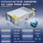 1200W Power Supply 110V AC to 12V DC Converter, 100A High Power SMPS Adapter, DC 12 Volt Switching Transformer with Intelligent Cooling for Motor, Winch, 3D Printer, Air Compressor, Pump