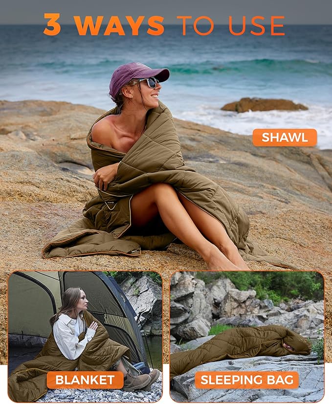 KingCamp Ultralight Camping Blanket, Packable Down Alternative Puffy Wearable Blankets Weatherproof Warm Package Quilt with Snap Buttons for Outdoor Hiking Travel Picnic Stadium (69" L x 53", Olive)