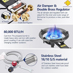 ARC Outdoor Propane Burner Stove, 13" Single Propane Burner, Cast Iron Portable Wok Burner With Bilateral Control Rings and 0-20 PSI Adjustable regulator, Stainless Steel Hose