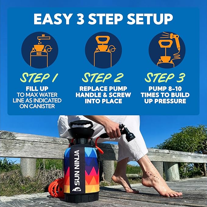 SUN NINJA Portable Shower, Camping Shower with 7 Mode Shower Head, Neoprene Cover Helps Keep Water Warm, High Pressure Hose, Easy to Carry