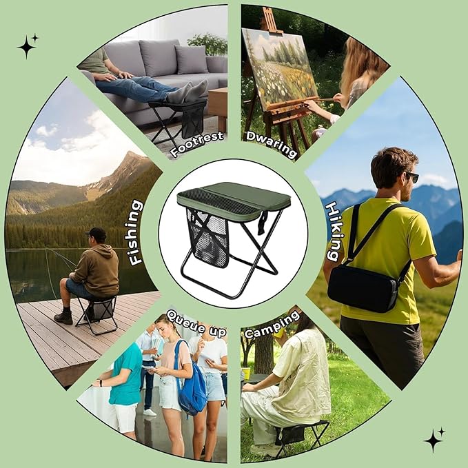 16" Portable Collapsible Stool - Folding Chair with Storage Pouch, Convertible Satchel for Hands-Free Carry & Supports 300Lbs, Ultralight for Hiking, Fishing, Camping, Festivals (Green, Large)